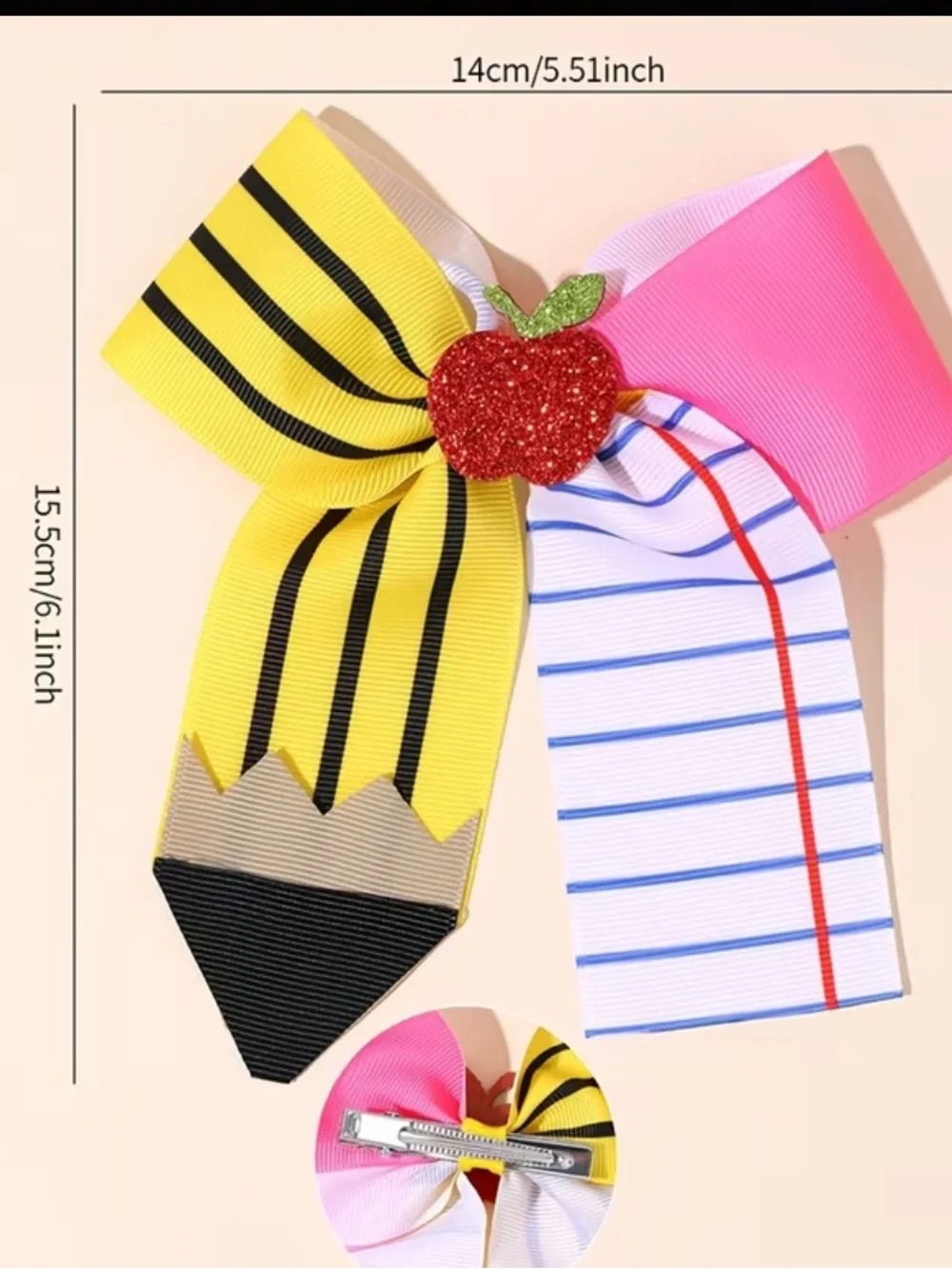 Multi-Color School Bow Hair Clip with Glitter Apple